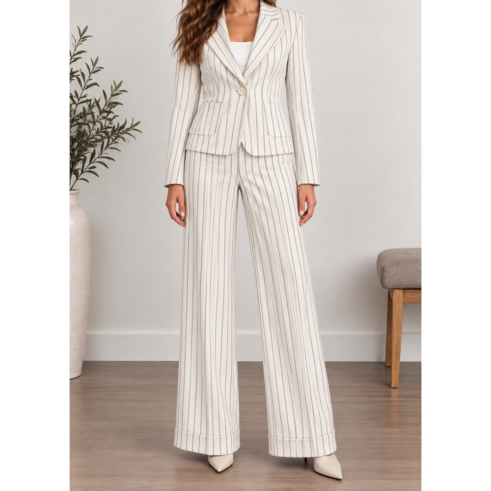 Donutz Inc Womens Y2K Vintage Pinstripe Wide Leg Pantsuit Size 9 White Black USA
